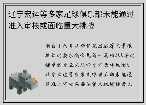 辽宁宏运等多家足球俱乐部未能通过准入审核或面临重大挑战 辽宁宏运等多家足球俱乐部未能通过准入审核或面临重大挑战