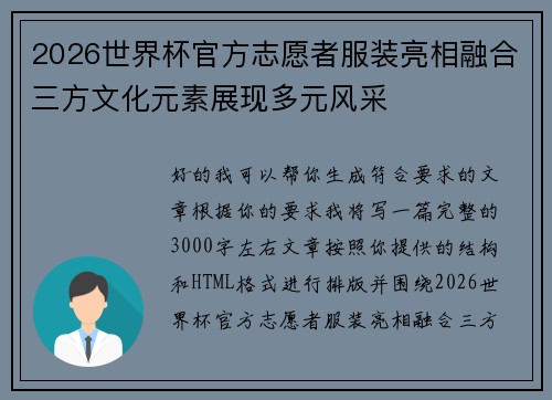 2026世界杯官方志愿者服装亮相融合三方文化元素展现多元风采 2026世界杯官方志愿者服装亮相融合三方文化元素展现多元风采